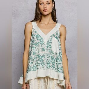 072 POL Teal And Cream Floral V-Neck Tank with Contrast Trim